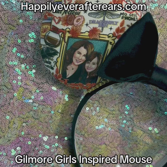 Handmade and ready to ship GG inspired mouse ears with the fabric on both the front and back showing Rory and Lorelai. On a black universal sized headband. The set has a BLACK VELVET bow, but you can request any sequin color in your order and I'll attach it.