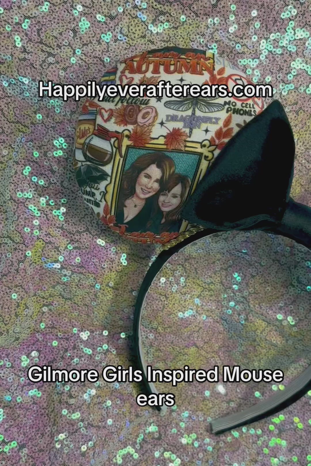 Handmade and ready to ship GG inspired mouse ears with the fabric on both the front and back showing Rory and Lorelai. On a black universal sized headband. The set has a BLACK VELVET bow, but you can request any sequin color in your order and I'll attach it.