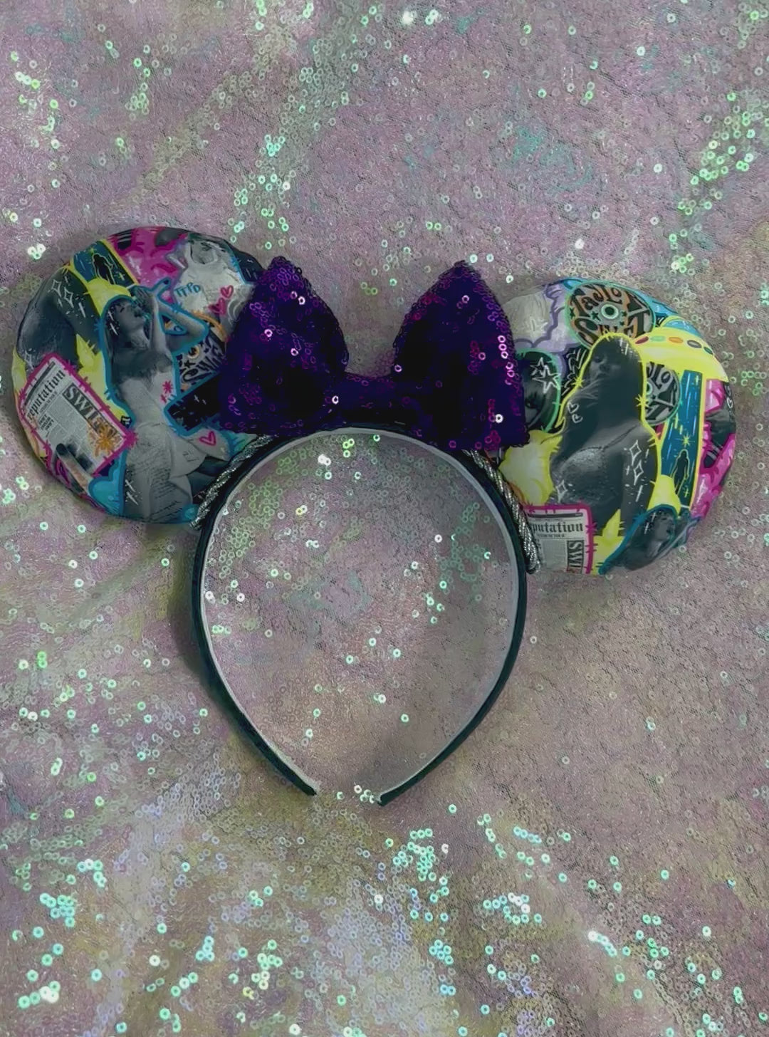 Handmade and ready to ship. Fabric images inspired by Tay and the fortnight video is on the front and back with a purple sequin bow. Shown on a white glitter background.