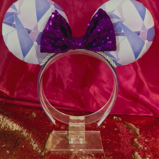 Handmade and ready to ship Purple Wall Mouse ears with a purple sequin bow, silver twisted trim and on a black universal sized headband.