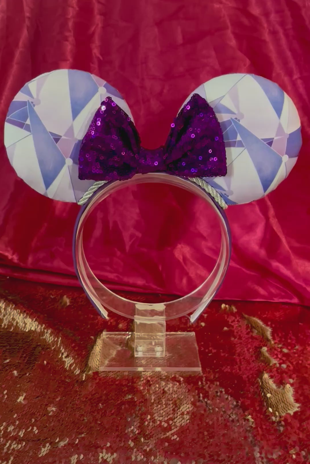 Handmade and ready to ship Purple Wall Mouse ears with a purple sequin bow, silver twisted trim and on a black universal sized headband.