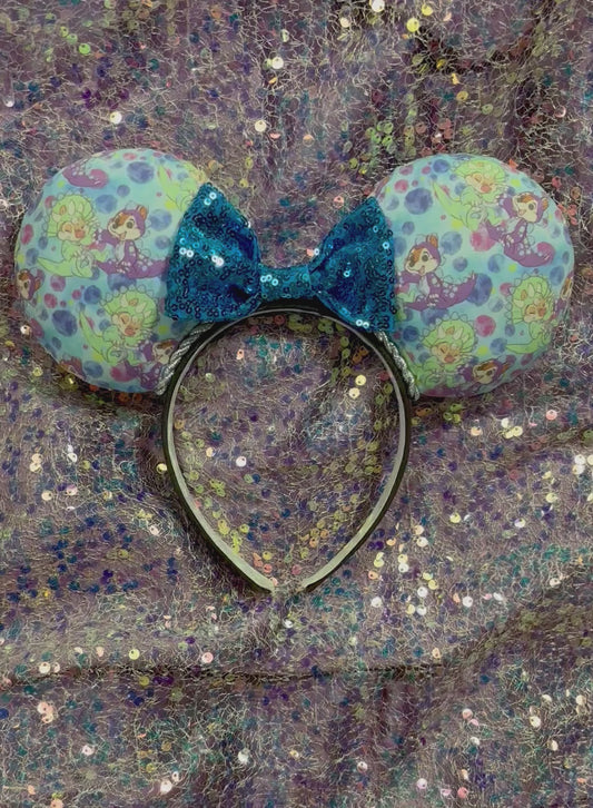 Chip & Dale Dino Mouse Ears – Handmade Disney-Inspired Headband with Purple Sequin Bow